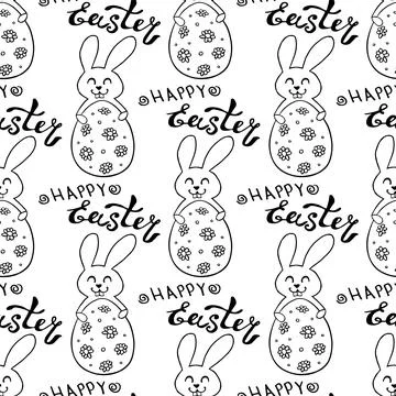 Seamless pattern with cute funny contoured bunnies with eggs and Happy Easter Illustrazione stock