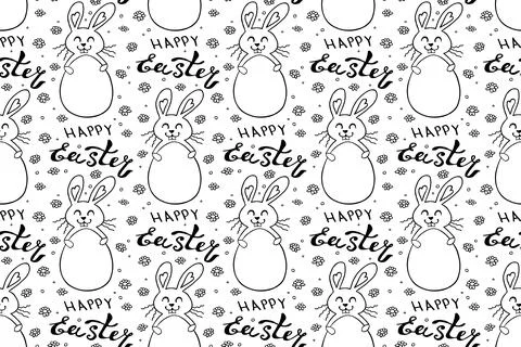 Seamless pattern with cute funny contoured bunnies with eggs and Happy Easter Stock Illustration
