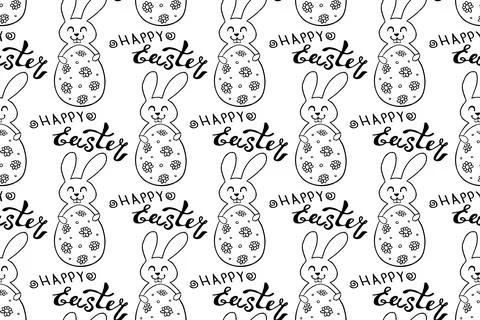 Seamless pattern with cute funny contoured bunnies with eggs and Happy Easter Stock Illustration