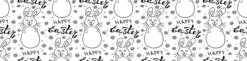 Seamless pattern with cute funny contoured bunnies with eggs and Happy Easter Stock Illustration