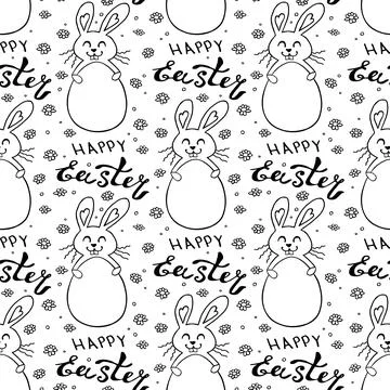 Seamless pattern with cute funny contoured bunnies with eggs and Happy Easter Illustrazione stock