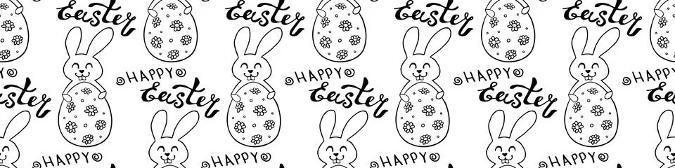 Seamless pattern with cute funny contoured bunnies with eggs and Happy Easter Stock Illustration
