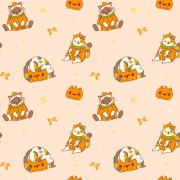Seamless pattern with cute funny deadpan face halloween cats and pumpkins, .. Stock Illustration