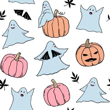 Seamless pattern with cute funny ghosts and halloween pumpkins. Hand-drawn .. Illustrazione stock