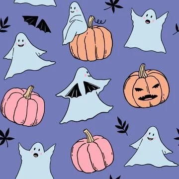 Seamless pattern with cute funny ghosts and halloween pumpkins. Hand-drawn .. Stock Illustration