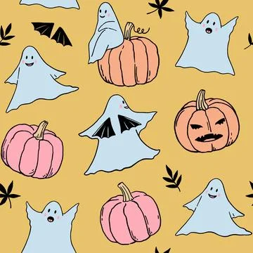Seamless pattern with cute funny ghosts and halloween pumpkins. Hand-drawn .. Stock Illustration