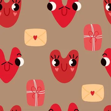 Seamless pattern with cute funny heart faces and gifs and mails in trendy sty Stock Illustration