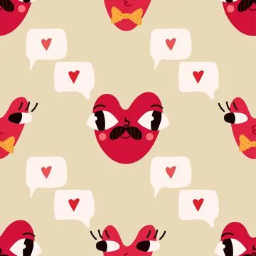 Seamless pattern with cute funny heart faces and messages in trendy style. Co Stock Illustration