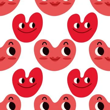 Seamless pattern with cute funny heart face in trendy style. Cool romantic pr Stock Illustration