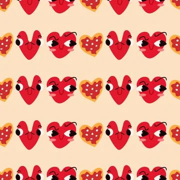 Seamless pattern with cute funny heart faces and pizza in trendy style. Cool Stock Illustration