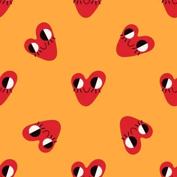 Seamless pattern with cute funny heart face in trendy style. Cool romantic pr Stock Illustration