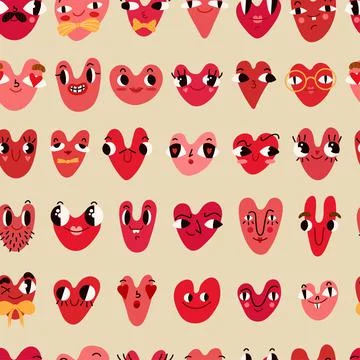 Seamless pattern with cute funny hearts faces in trendy style. Cool romantic Stock Illustration