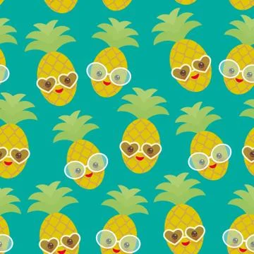 Seamless pattern cute funny kawaii exotic fruit pineapple with sunglasses on  Stock Illustration