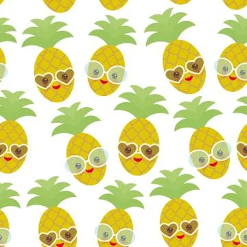Seamless pattern cute funny kawaii exotic fruit pineapple with sunglasses on  Stock Illustration