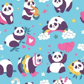 Seamless pattern with cute funny pandas flat style, vector illustration Illustrazione stock