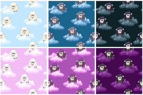 Seamless pattern with cute funny sheeps on sky, colored clouds イラスト素材