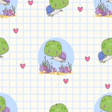 Seamless pattern with cute funny turtle on white checkered background. Unde.. イラスト素材