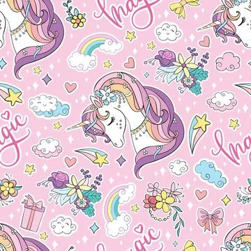 Seamless pattern cute funny unicorns heads vector background Stock Illustration