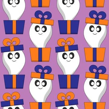 Seamless pattern with Cute Ghost in gift box 스톡 일러스트