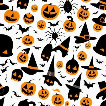 Seamless pattern with cute ghosts, bats and pumpkins on white background. Ill 库存插图
