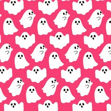 Seamless pattern with cute ghosts on pink. Halloween background design 스톡 일러스트