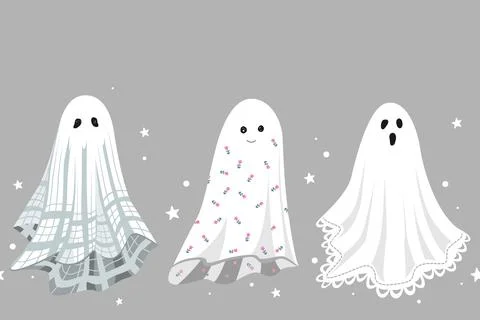 Seamless pattern with cute ghosts in a vintage sheets. Border design element for Stock Illustration