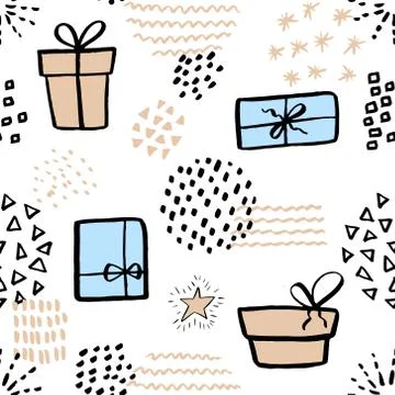 Seamless pattern with cute gift box. Hand Drawn vector illustration. Backgrou Illustrazione stock
