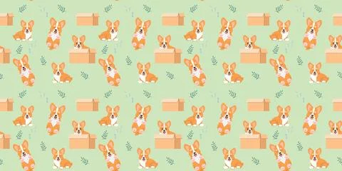 Seamless pattern cute ginger corgi sleeping sitting in a box and sleeping Stock Illustration