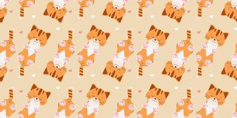 Seamless pattern cute ginger kitten sleeping on light yellow background Illustrazione stock