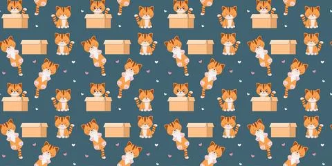 Seamless pattern cute ginger kitten sleeping sitting in a box and sleeping Stock Illustration