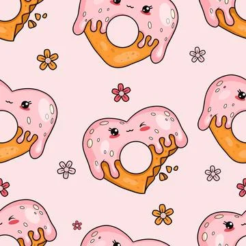 Seamless pattern with cute gingerbread heart with drops of glaze on pink ba.. Stock Illustration