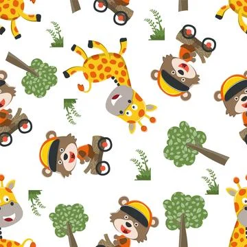 Seamless pattern of cute giraffe and bear in the jungle. Stock Illustration