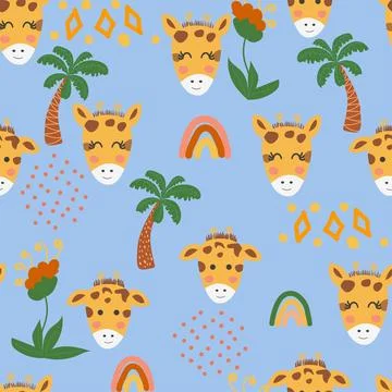 Seamless pattern with cute giraffe animal faces. Illustration in boho style,  Stock Illustration