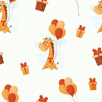 Seamless pattern with cute giraffe in birthday hat with balloons on white b.. Stock Illustration
