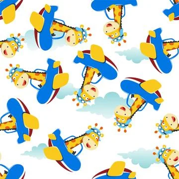 Seamless pattern of cute giraffe flying in an airplane, Stock Illustration