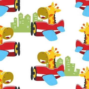 Seamless pattern of cute giraffe flying in an airplane, 스톡 일러스트