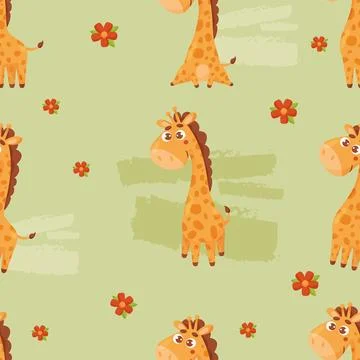 Seamless pattern with cute giraffe on light green background with flowers i.. Stock Illustration