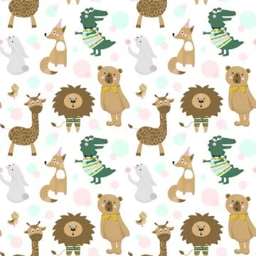 Seamless pattern with cute giraffe, rabbit, Fox, crocodile, lion, bird and be イラスト素材