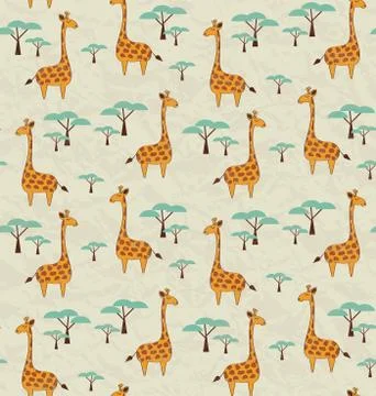 Seamless pattern with cute giraffes and trees, vector illustration Stock Illustration