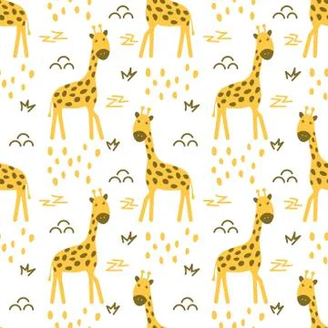 Seamless pattern with cute giraffes and doodle elements on a white background Stockillustratie