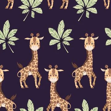 Seamless pattern with cute giraffes and palm leaves in flat style. Repeating  Stock Illustration