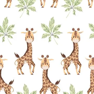 Seamless pattern with cute giraffes and palm leaves in flat style. Repeating  Illustrazione stock