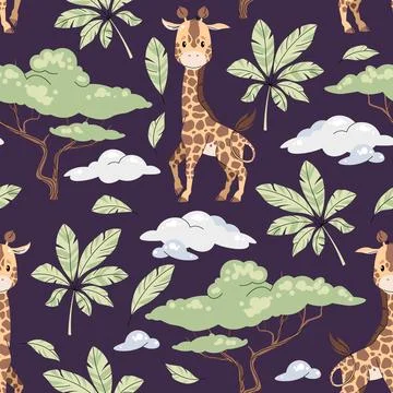 Seamless pattern with cute giraffes in flat style. Repeating background with  Stock Illustration