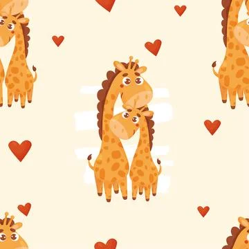 Seamless pattern with cute giraffes. Mom gently hugs baby giraffe on light .. Stock Illustration
