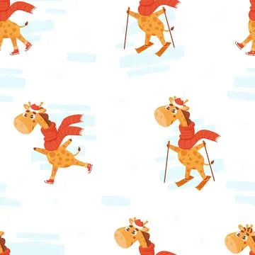 Seamless pattern with cute giraffes. Winter animal in scarf skiing, skating o Stock Illustration