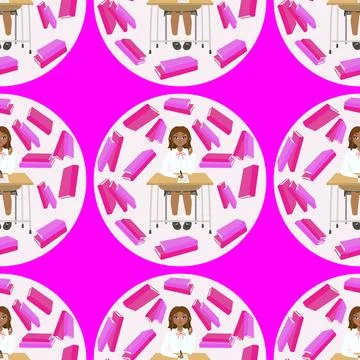 Seamless pattern Cute girl with brown hair sitting at a school desk near books Stock Illustration