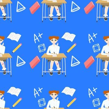 Seamless pattern Cute girl with red hair sitting at a school desk near book Stock Illustration