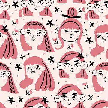 Seamless pattern cute girlish faces with different emotions. Ideal for children Stock Illustration