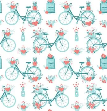 Seamless pattern with cute girly bike. Romantic bouquets of flowers in basket Stock Illustration