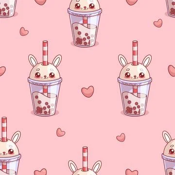Seamless pattern with cute glass Bubble Tea Rabbit. Funny cartoon kawaii ch.. Stock Illustration